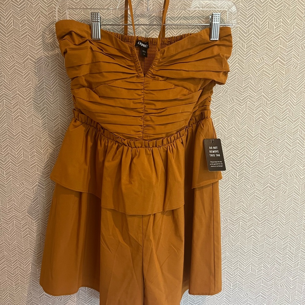 Express Gold Ruched Sundress Spaghetti Strap
